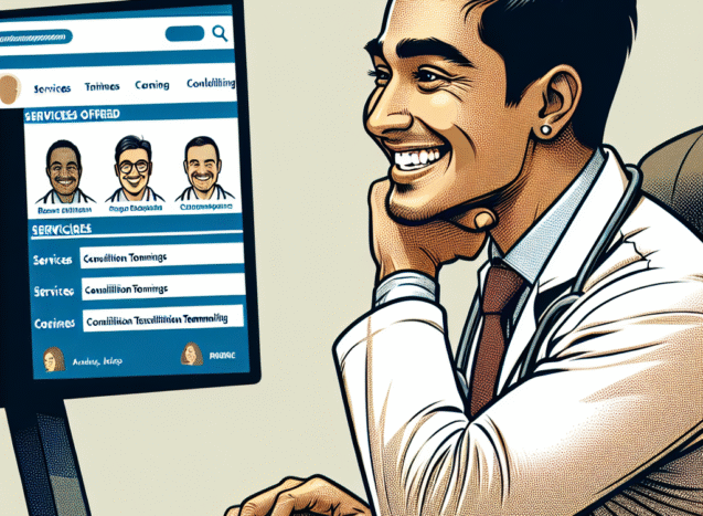 Médico revisando su página web profesional en una computadora