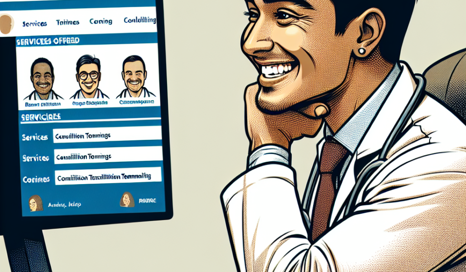 Médico revisando su página web profesional en una computadora