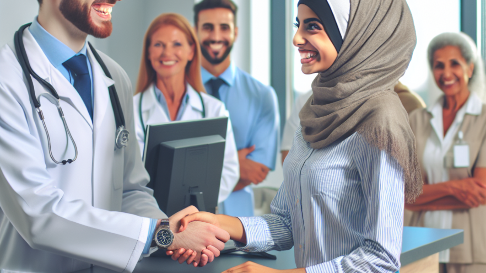 Médico dando la bienvenida a un paciente en un consultorio lleno