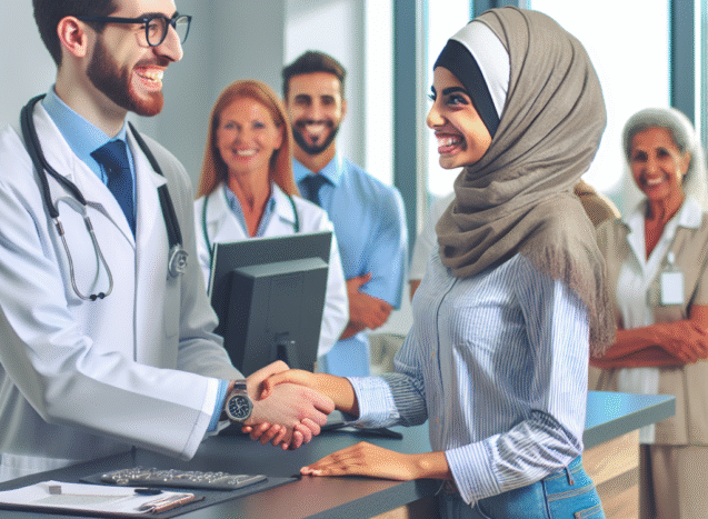Médico dando la bienvenida a un paciente en un consultorio lleno