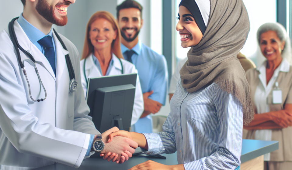 Médico dando la bienvenida a un paciente en un consultorio lleno