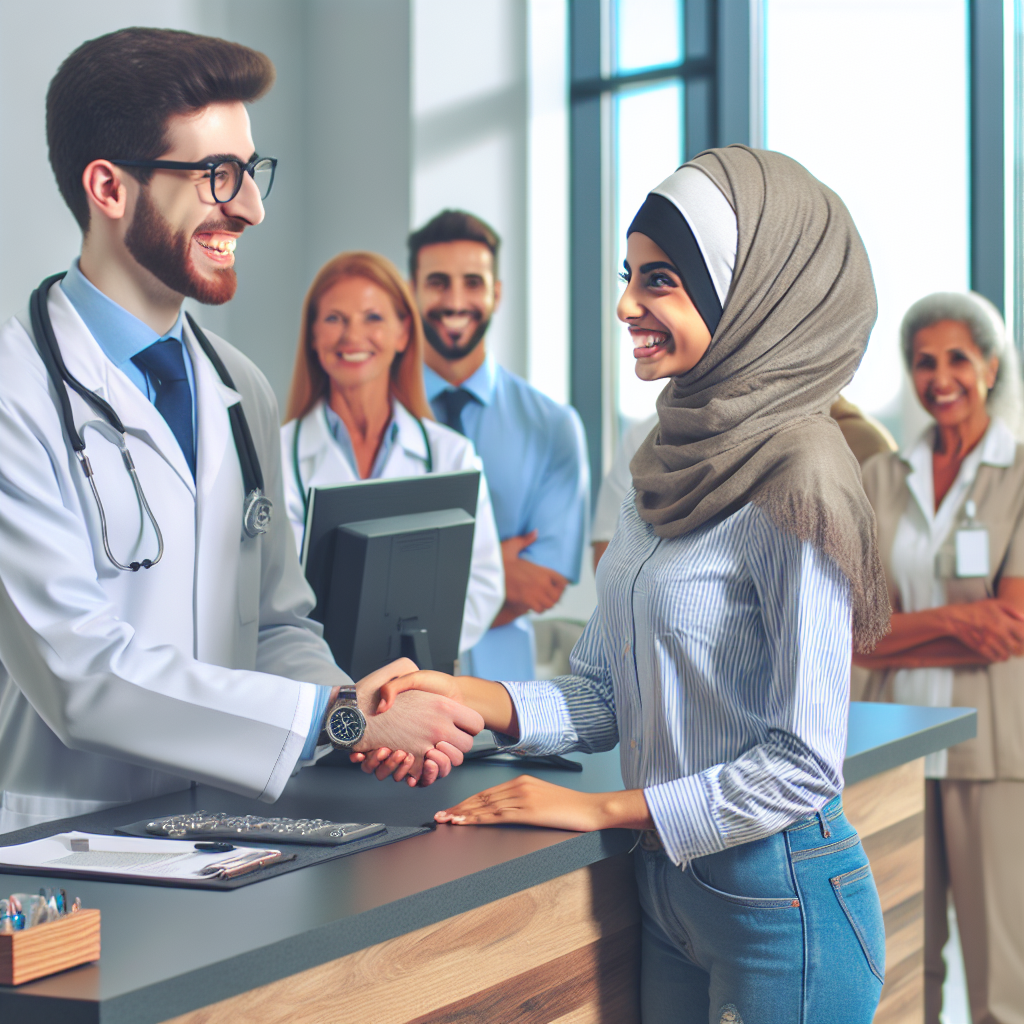 Médico dando la bienvenida a un paciente en un consultorio lleno